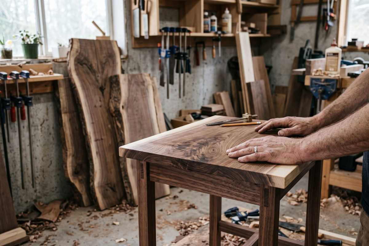 Woodworker sanding a live-edge table in a workshop with various types of wood slabs and tools