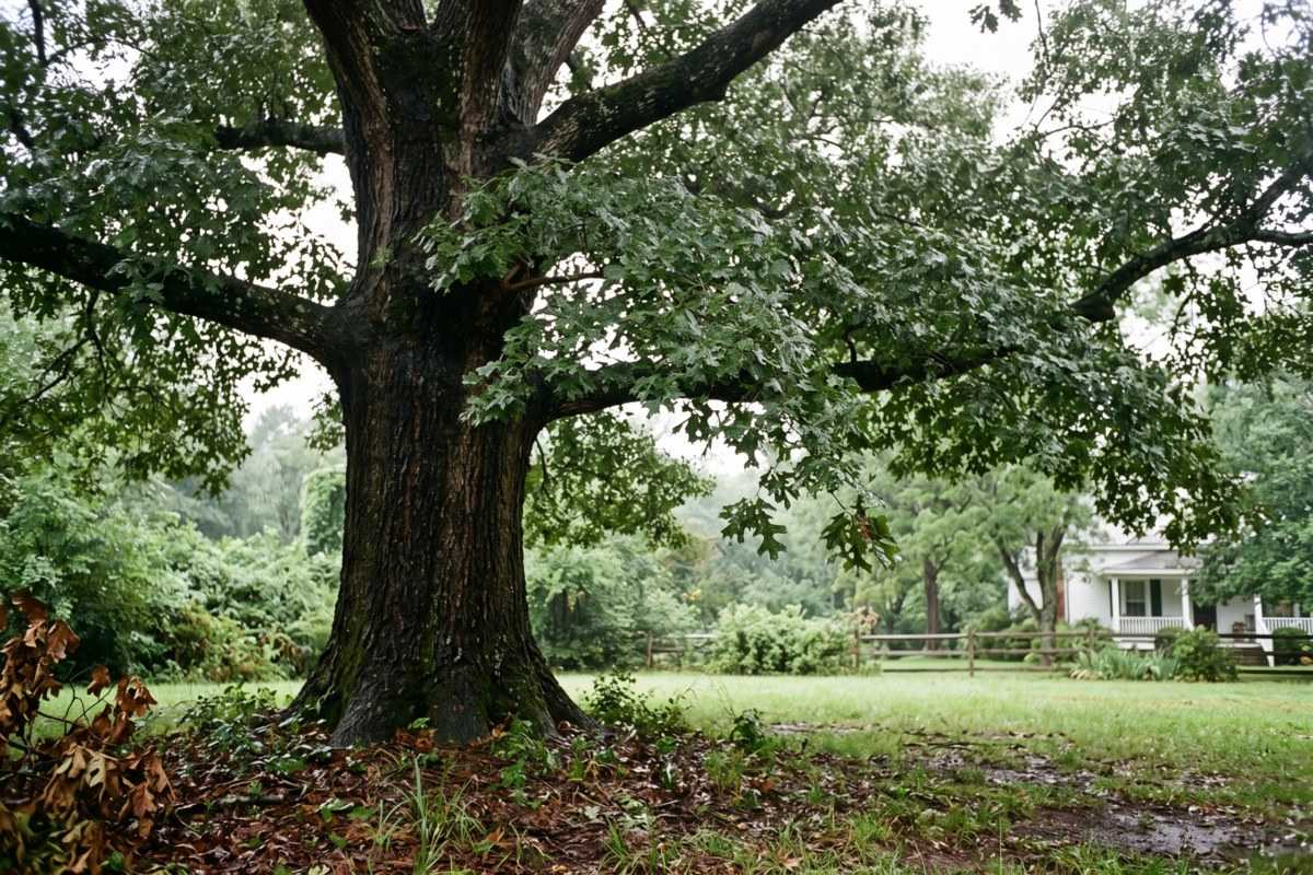 Laurel oak tree with a broad trunk and leafy canopy in a grassy yard beside a white house