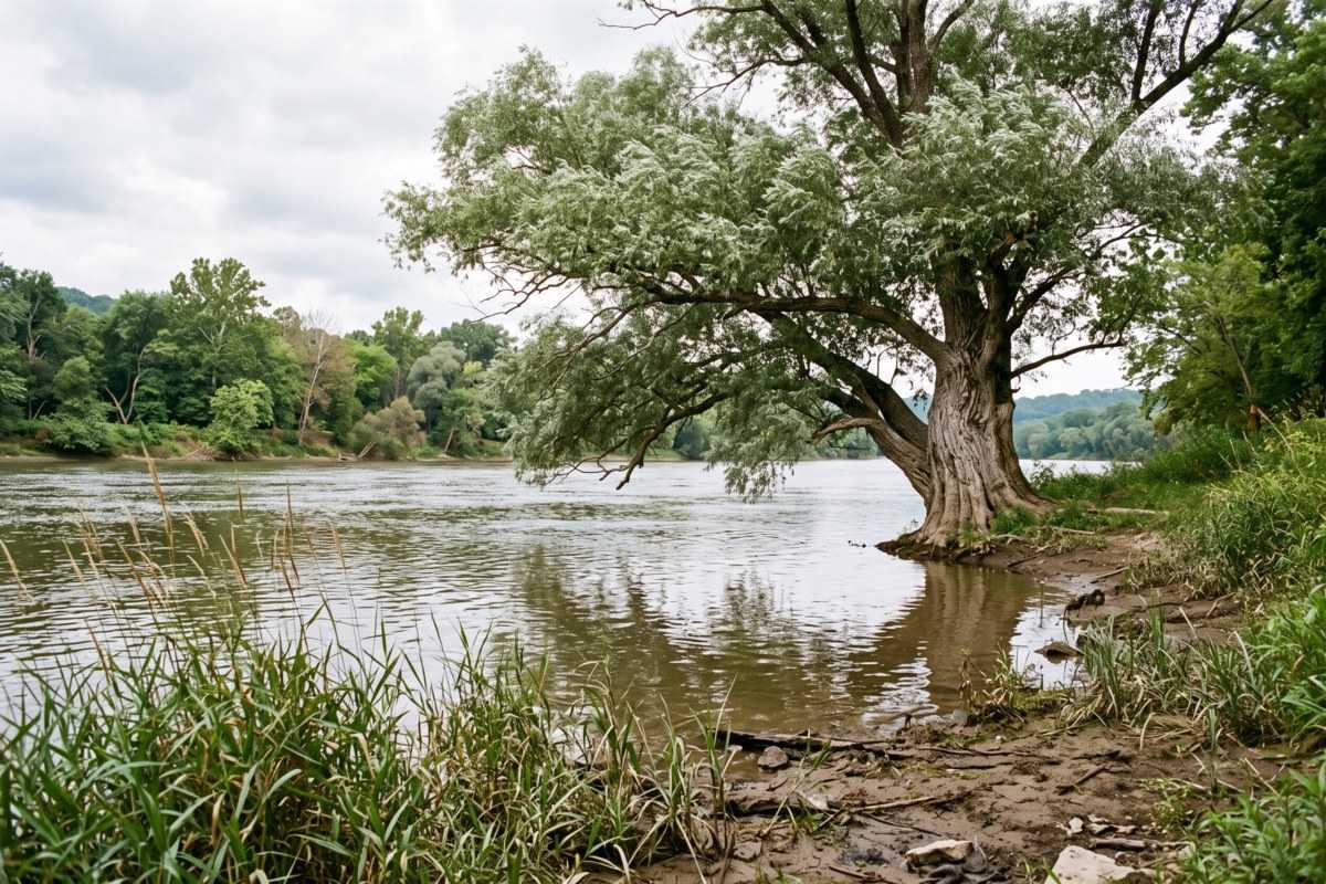 White willow tree growing along a calm riverbank with reeds and wooded hills in the background