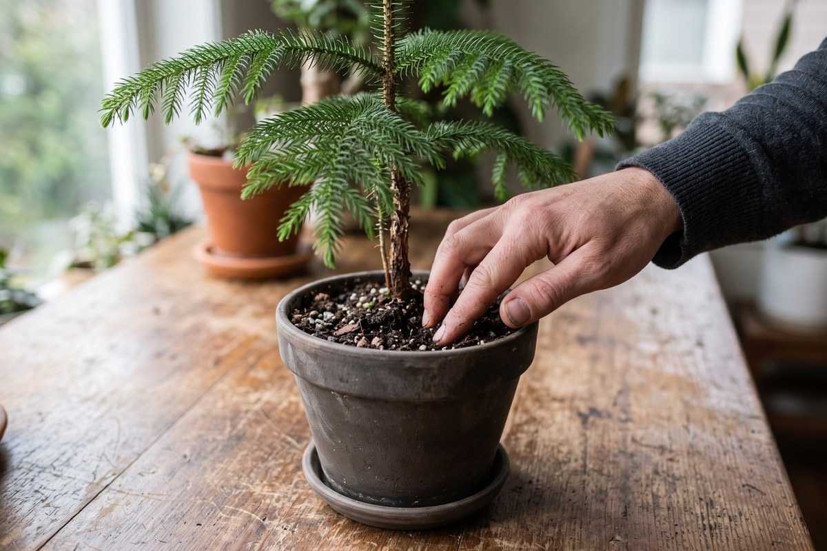 Hand tending soil around a potted araucaria norfolk plant on a wooden table indoors