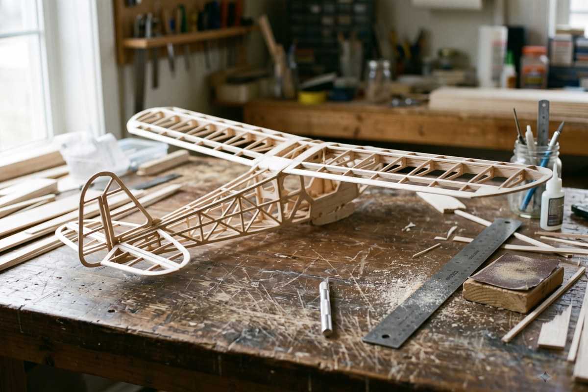 Balsa wood model airplane frame on a cluttered workbench in a workshop