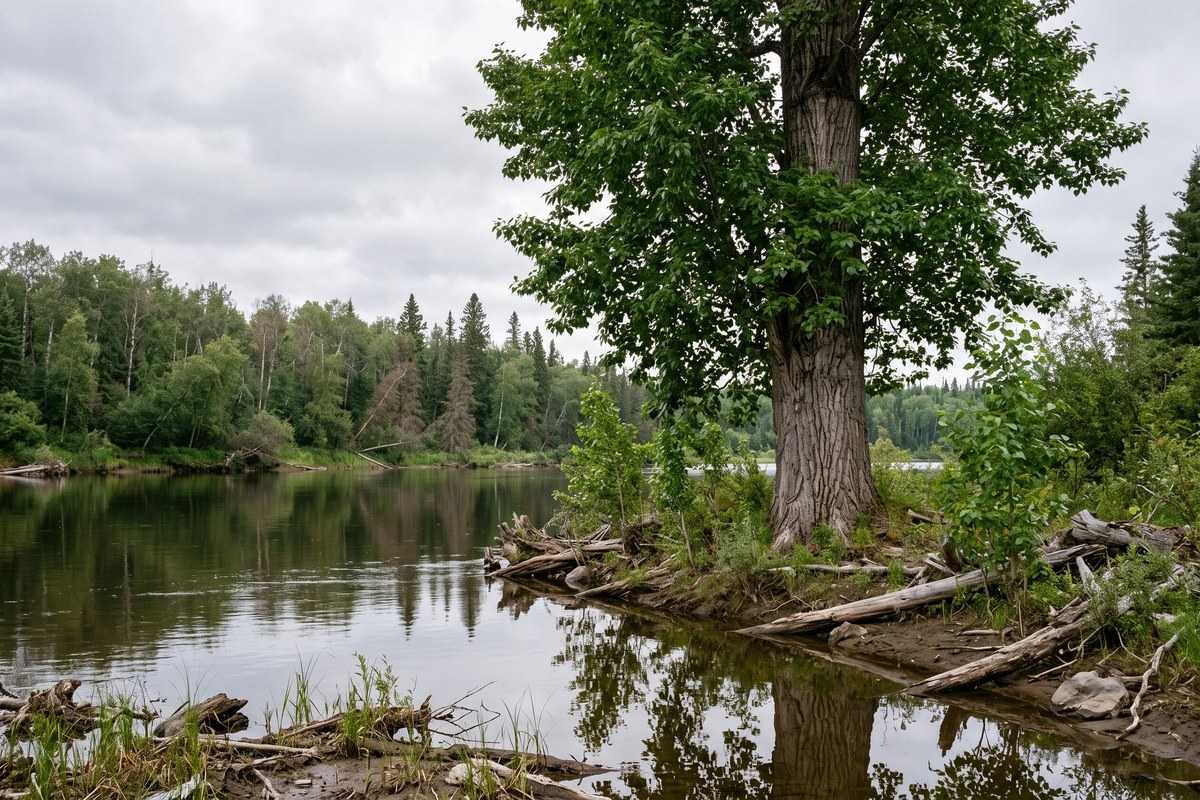 Quaking aspen tree beside a calm forest lake under an overcast sky