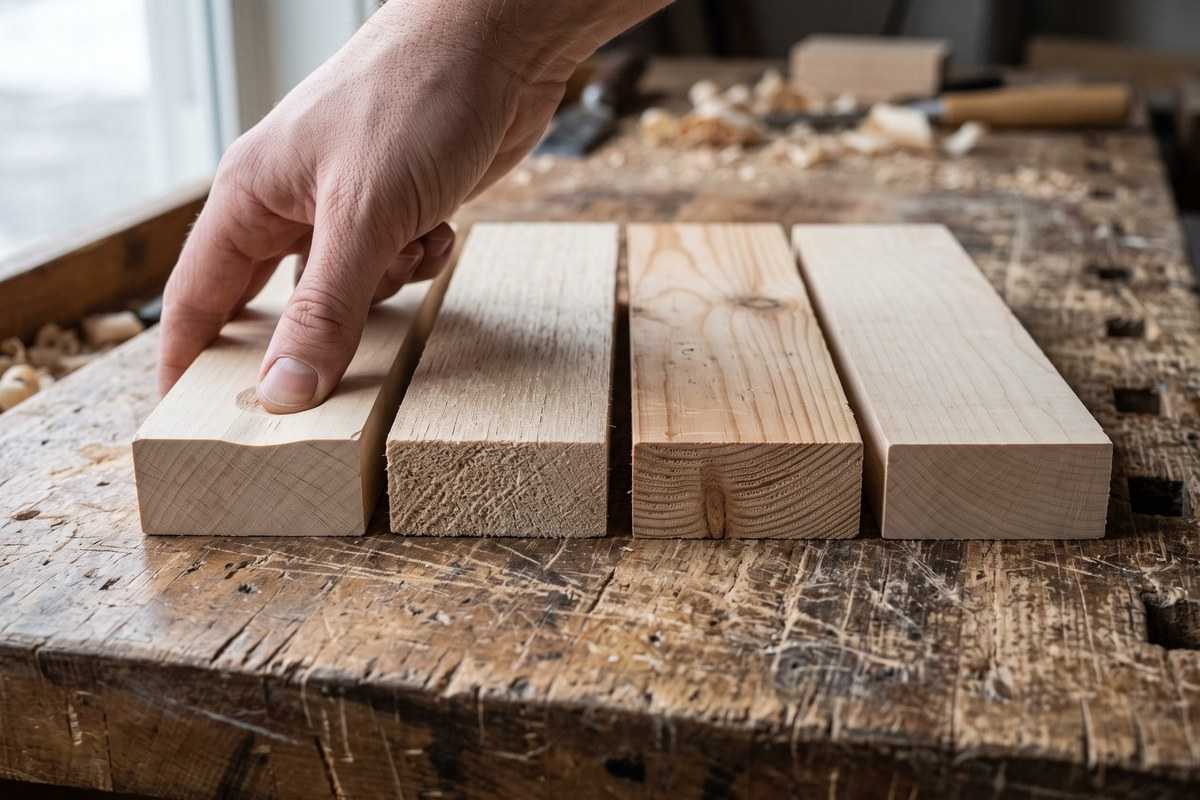 Hand selecting linden wood boards on a sawdust-covered workbench in a woodworking shop