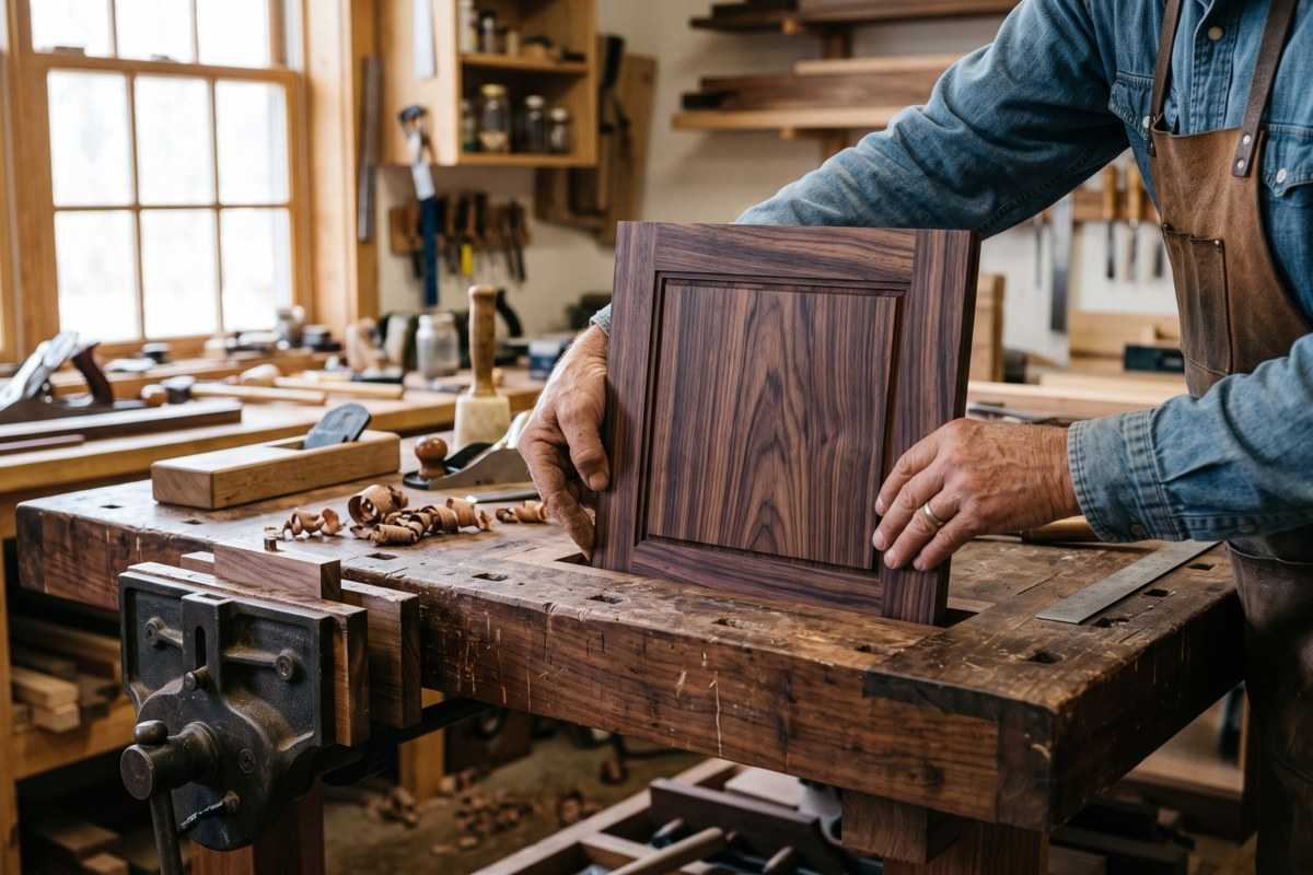 Craftsman holding a bolivian rosewood framed wood panel at a workbench in a woodworking shop