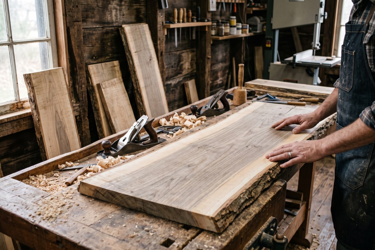 Woodworker smoothing a live-edge catalpa wood slab in a rustic workshop