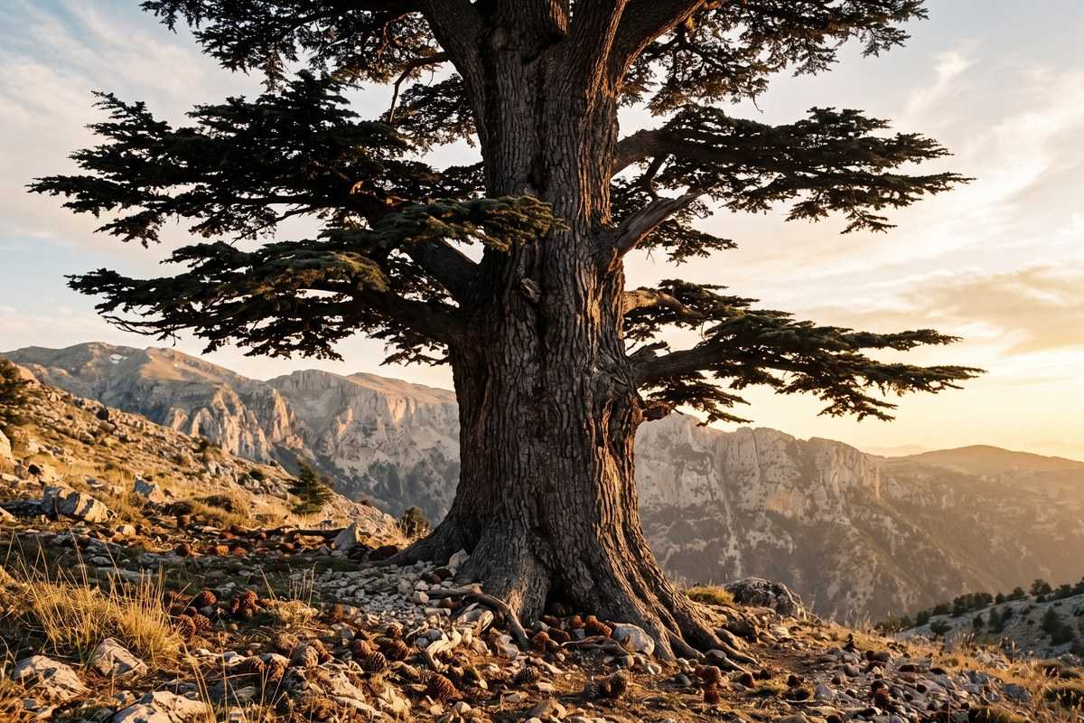 Cedar of Lebanon tree on a rocky mountain slope at sunset with rugged cliffs in the background