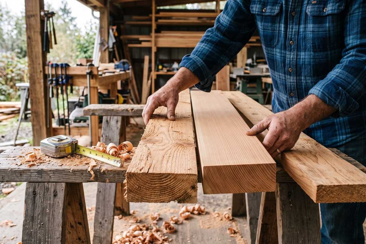 Craftsperson measuring cedar planks on a workbench in a woodworking shop with shavings and tools