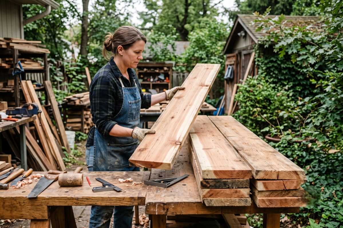 Woodworker inspecting a magnolia wood plank at an outdoor workshop table