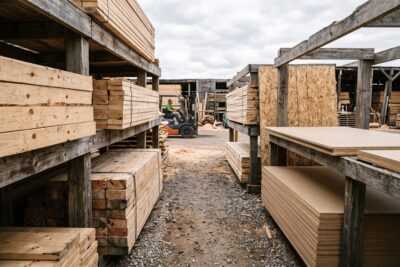 Types of wood lumber stacked in an outdoor timber yard with a forklift in the background