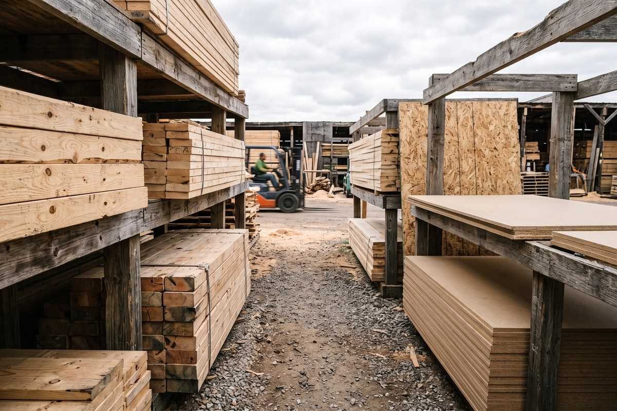 Types of wood lumber stacked in an outdoor timber yard with a forklift in the background