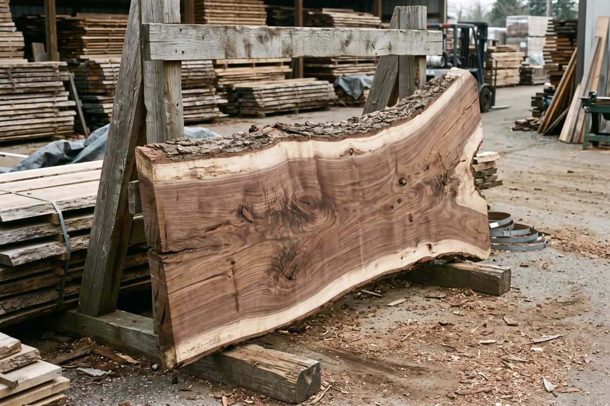 Claro walnut live-edge slab drying in a lumberyard beside stacked boards