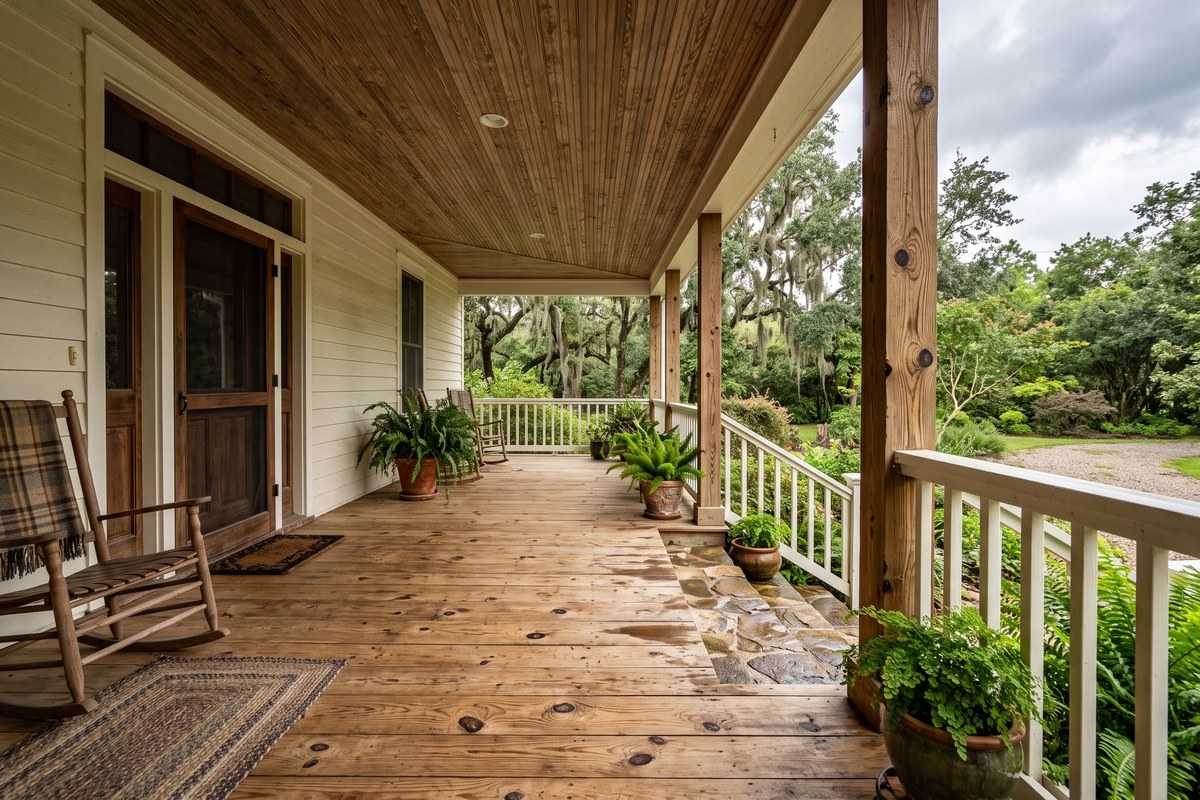 Wooden front porch with rocking chairs, potted plants, and views of a lush garden