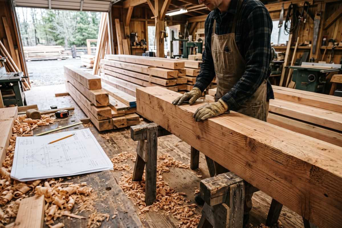 Types of wood lumber being crafted by a woodworker in a rustic workshop