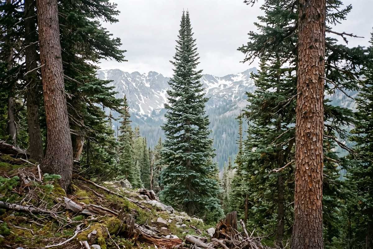 Spruce wood forest with towering evergreens framing snow-capped mountain peaks