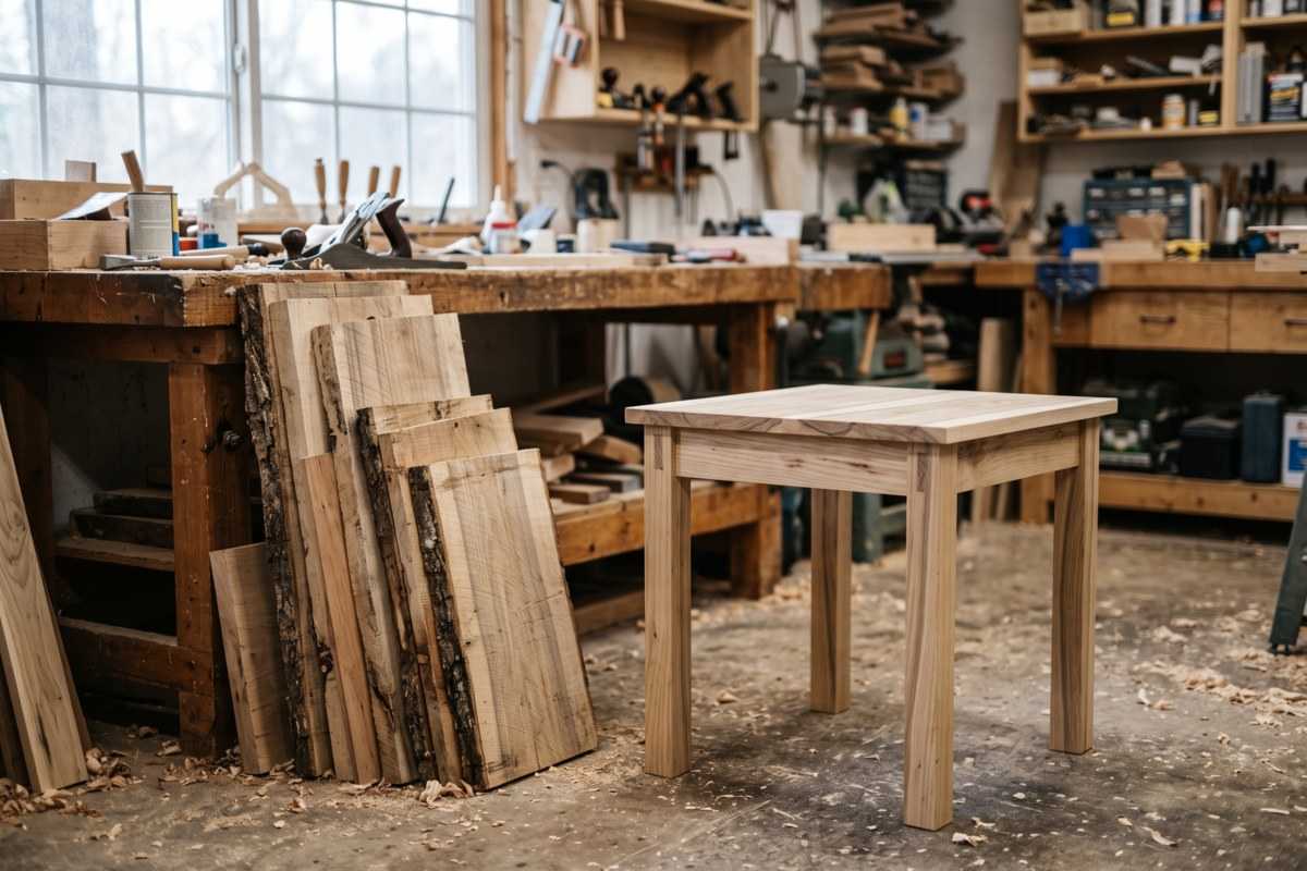 Hackberry wood planks and a handcrafted stool in a woodworking workshop