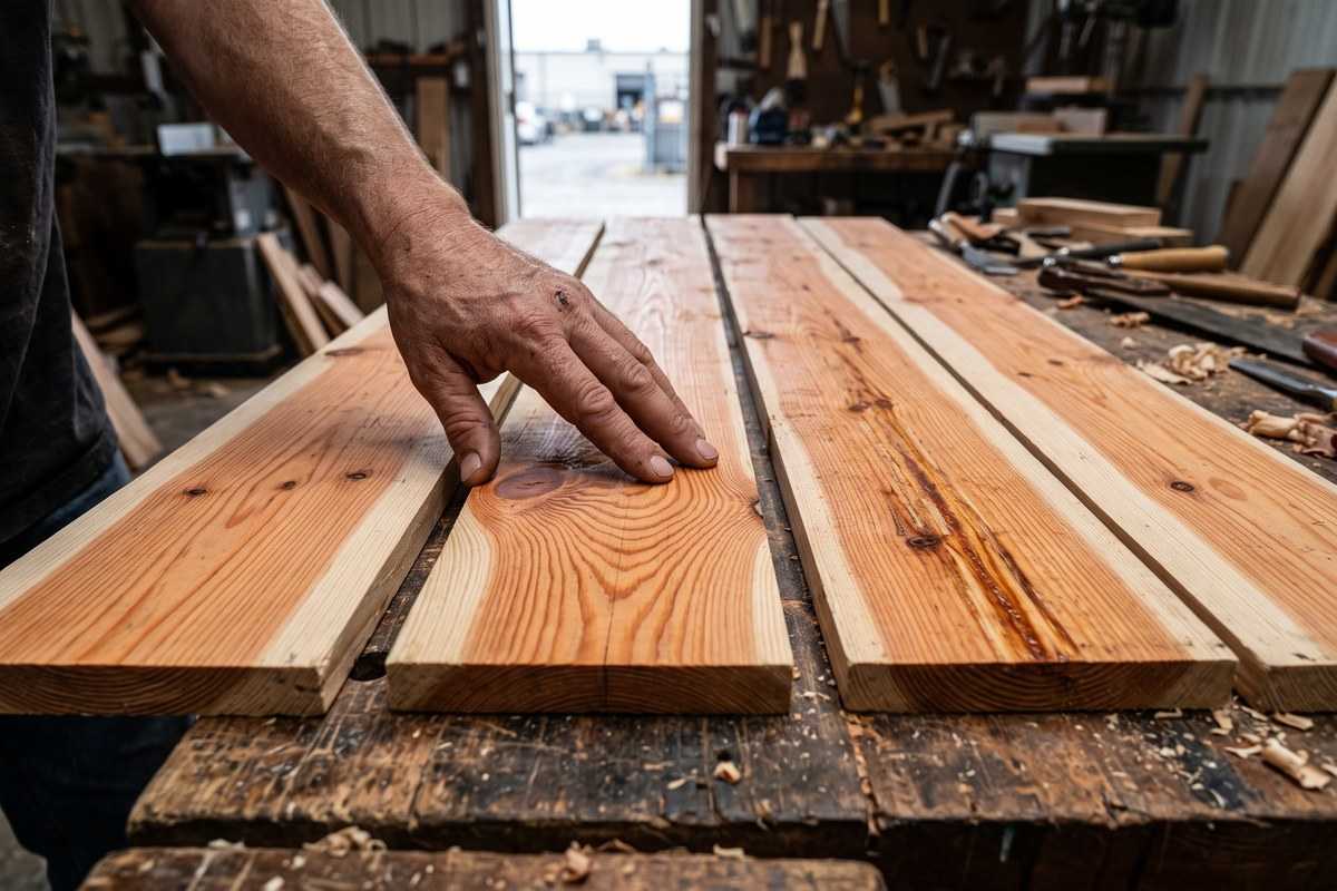 Woodworker selecting pinus echinata boards on a workbench in a workshop