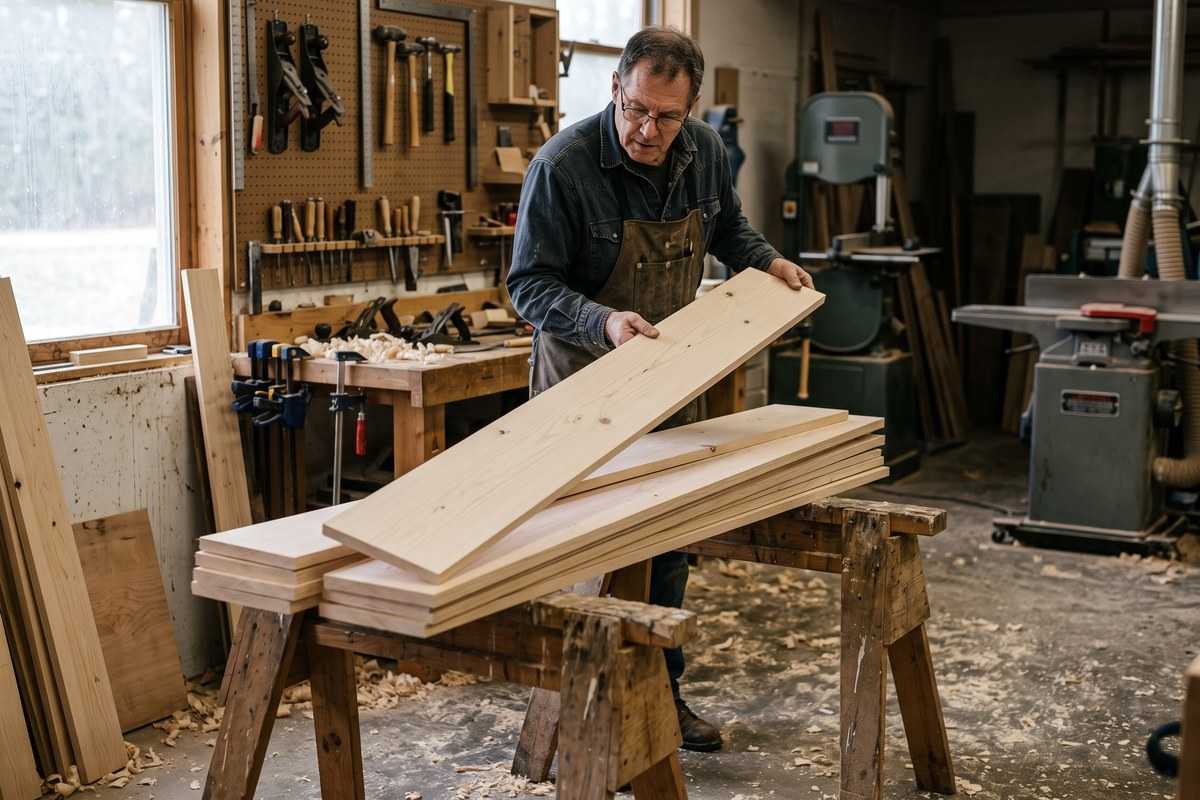 Woodworker selecting mountain hemlock boards in a workshop with stacked lumber and tools
