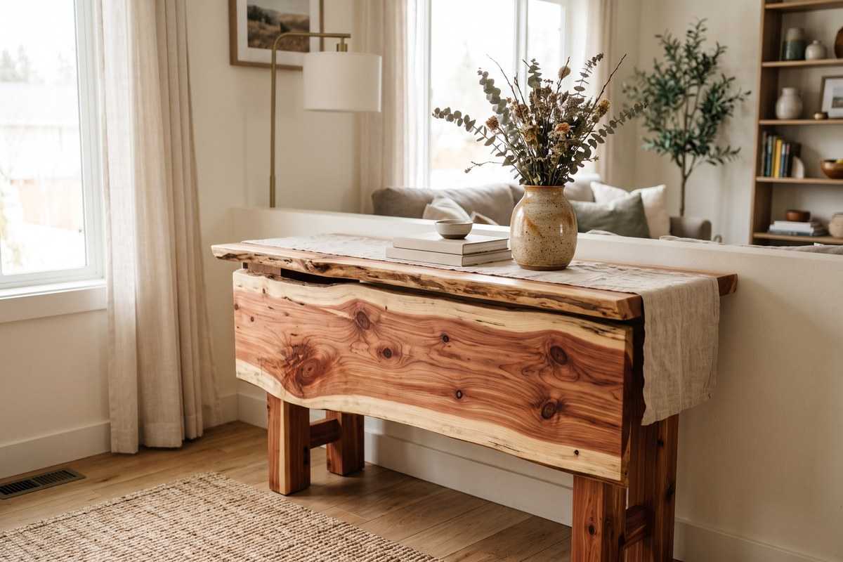 Cedar of Lebanon live-edge wood console table in a sunlit living room with vase and books