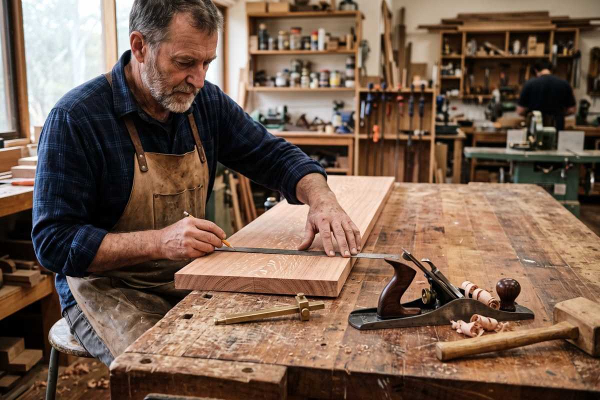 Woodworker measuring a lacewood board at a workbench in a carpentry workshop