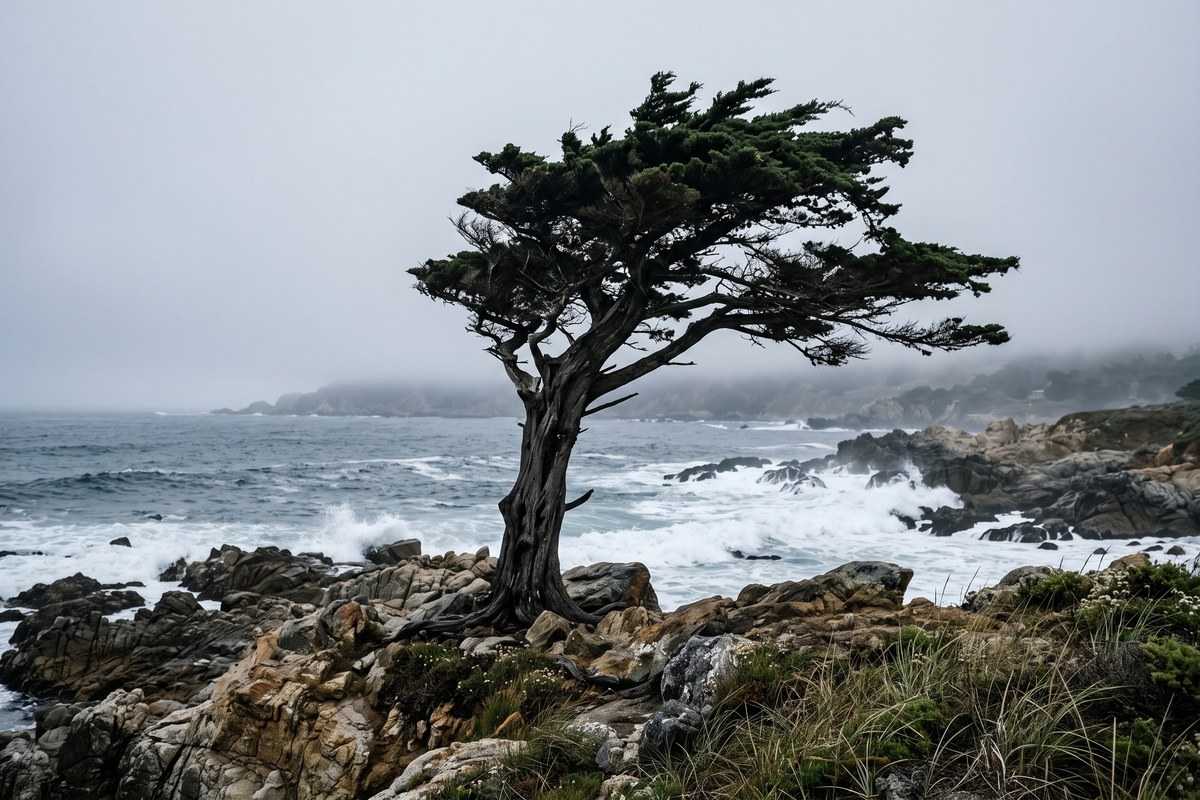 Monterey cypress standing on rocky coast above crashing ocean waves in misty weather