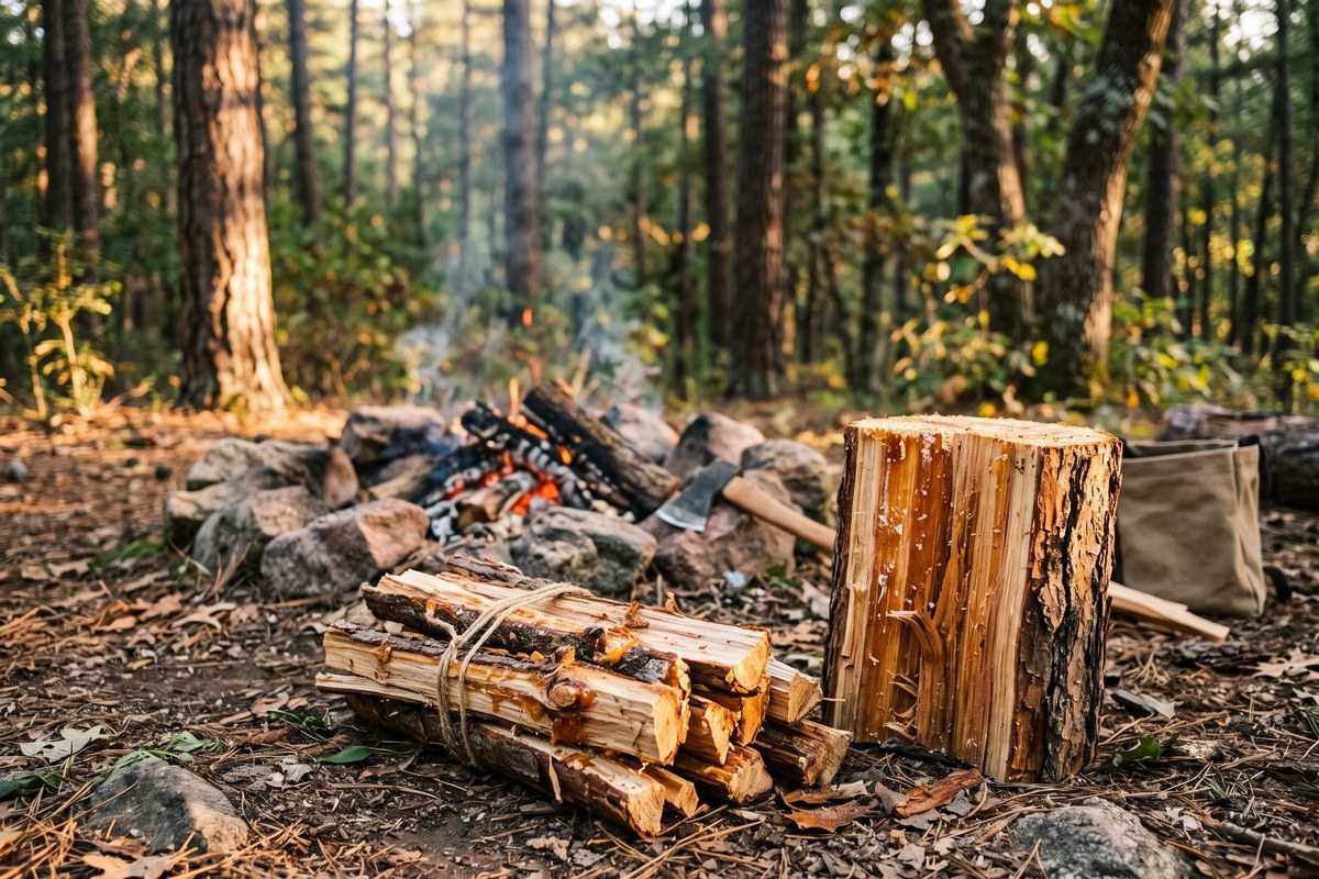 Greenheart wood logs beside a campfire in a forest campsite