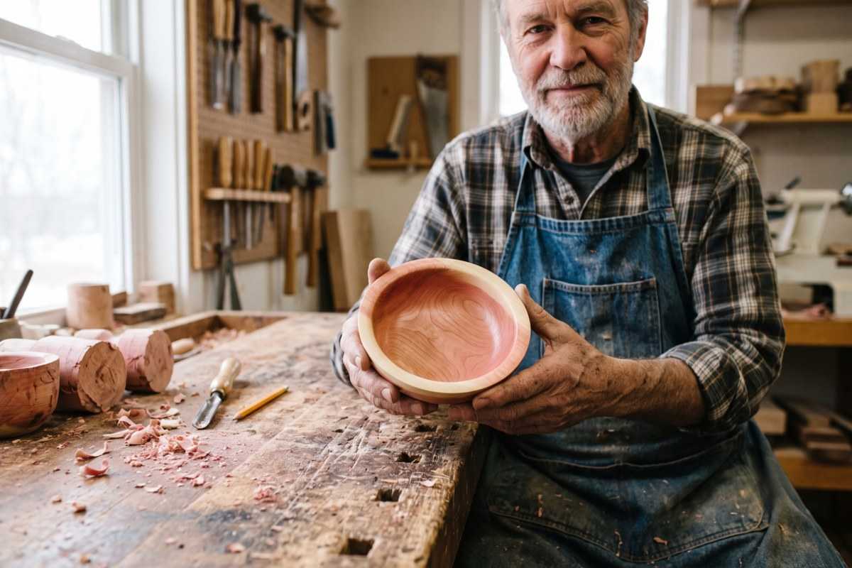 Woodworker holding a handcrafted pink ivory wood bowl in a workshop with carving tools and shavings