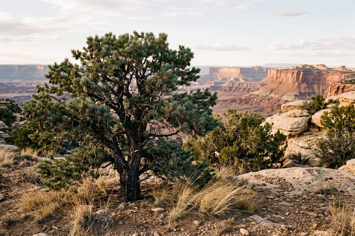 Pinon pine tree on a rocky desert overlook with canyon cliffs in the distance