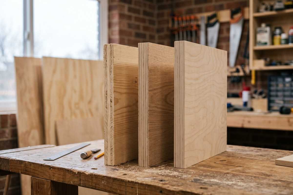Engineered wood panels standing on a workbench in a woodworking workshop