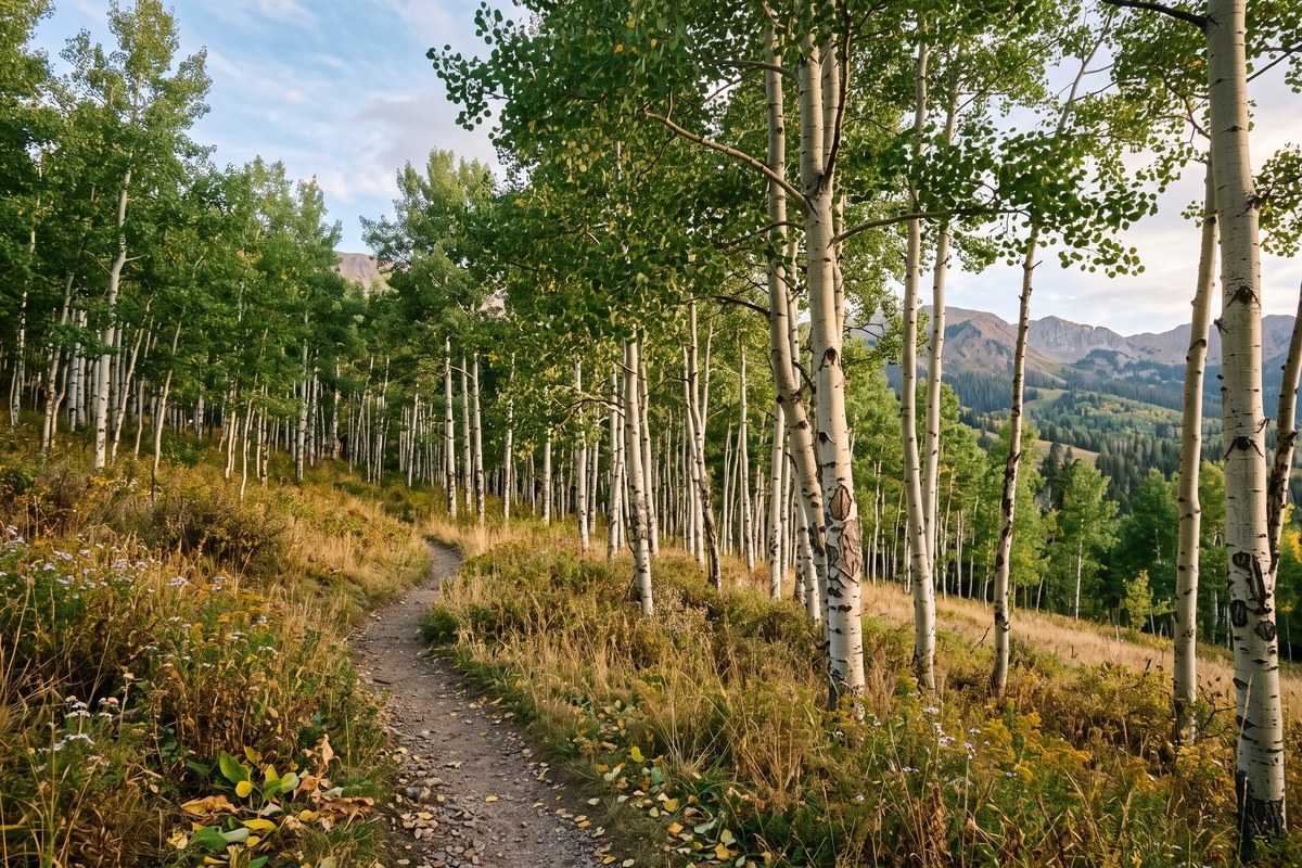 White poplar forest with a winding trail, wildflowers, and mountains in the distance