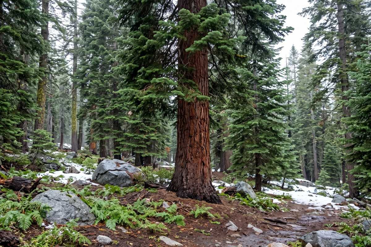 Mountain hemlock forest with towering conifers, boulders, ferns, and patches of snow
