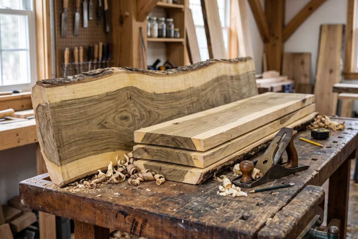 Sassafras wood slabs and boards on a workbench in a sunlit woodworking shop