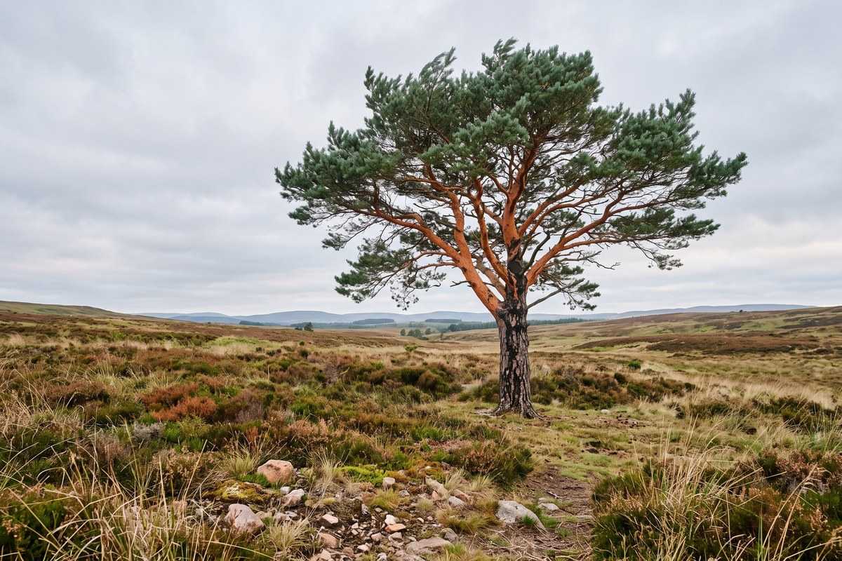 Scotch pine tree standing alone in a rocky heathland beneath a cloudy sky