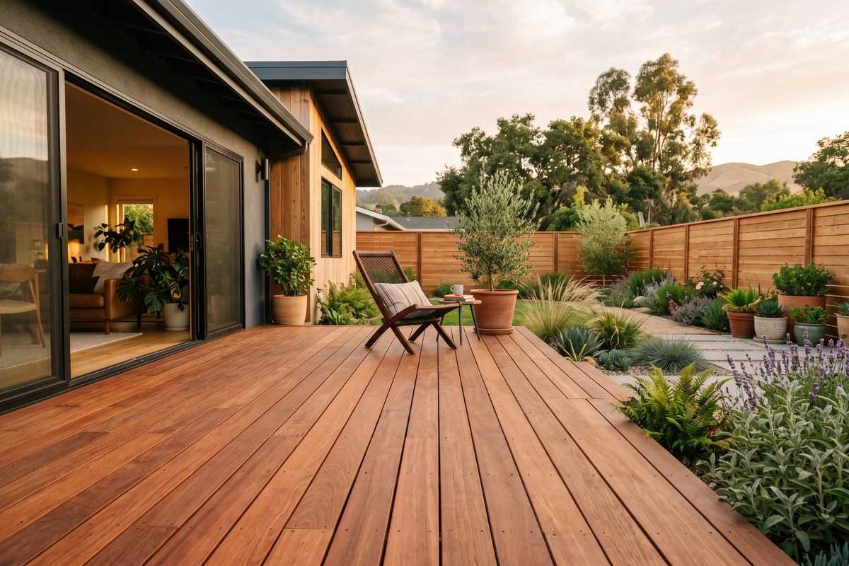 Wooden deck beside a modern home overlooking a landscaped garden with trees and potted plants