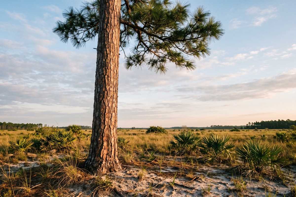 Slash pine tree in a sandy grassland with palmettos beneath a soft evening sky