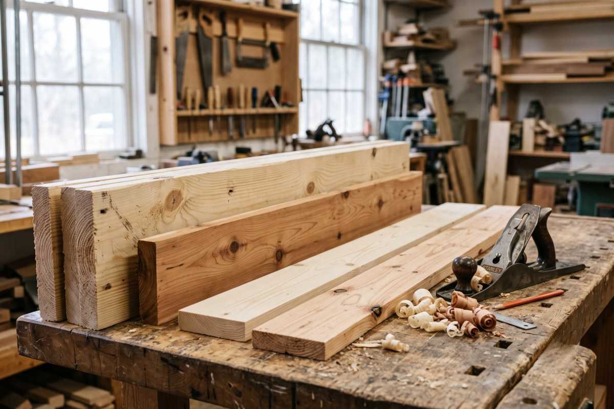 Greenheart wood boards and hand tools on a workbench in a woodworking workshop