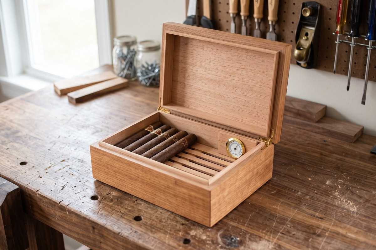 Wooden cigar humidor with cigars and a hygrometer on a workshop bench beside hand tools