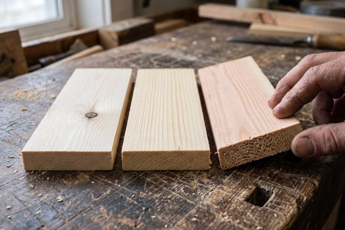 Types of wood planks on a workbench, with a craftsman's hand holding a board