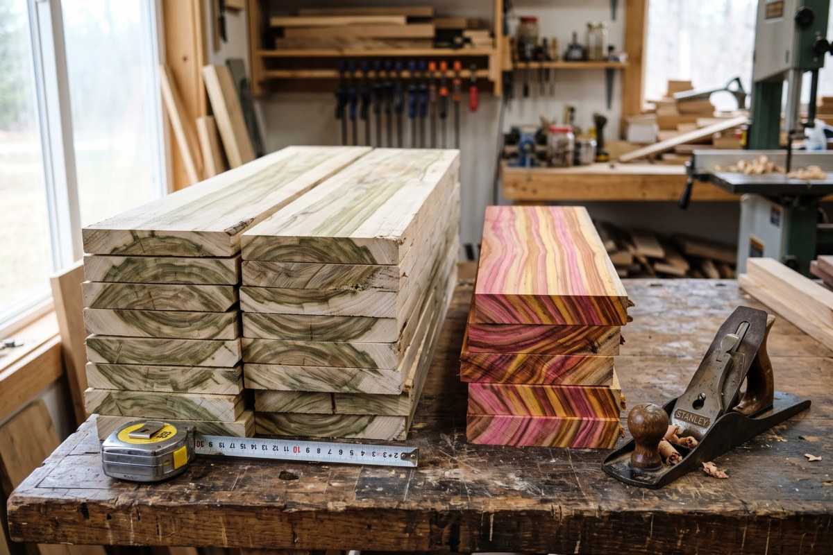Tulip wood lumber stacks on a workbench in a woodworking shop with hand plane and measuring tape