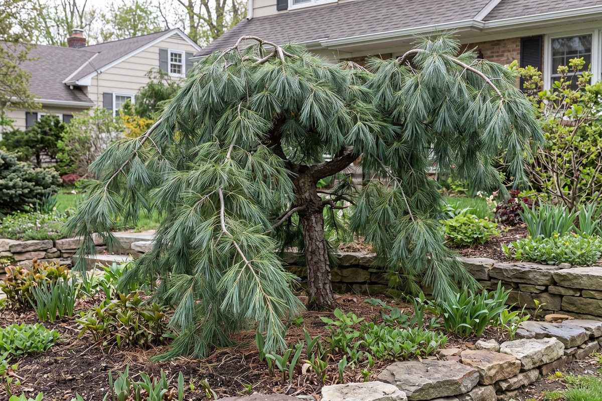 Weeping pine tree with cascading branches in a landscaped suburban front yard