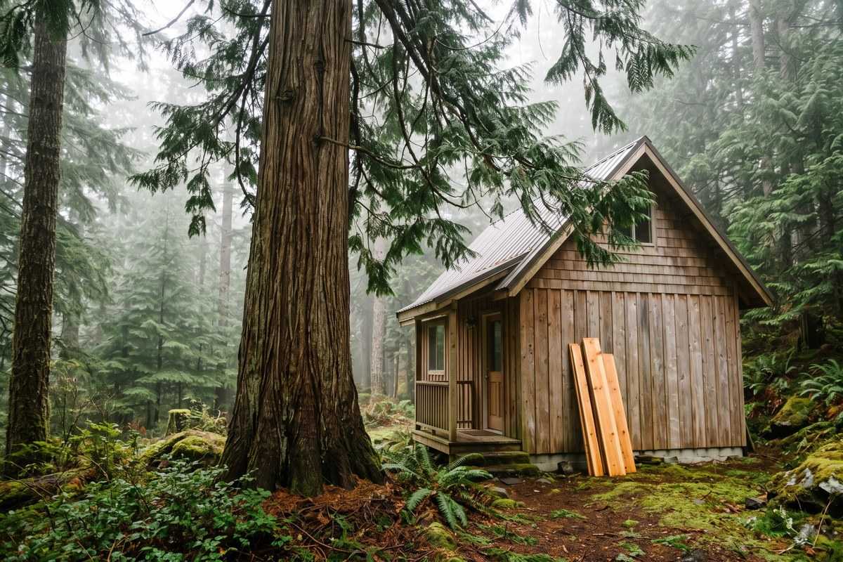 Small wooden cabin beside towering trees in a misty forest
