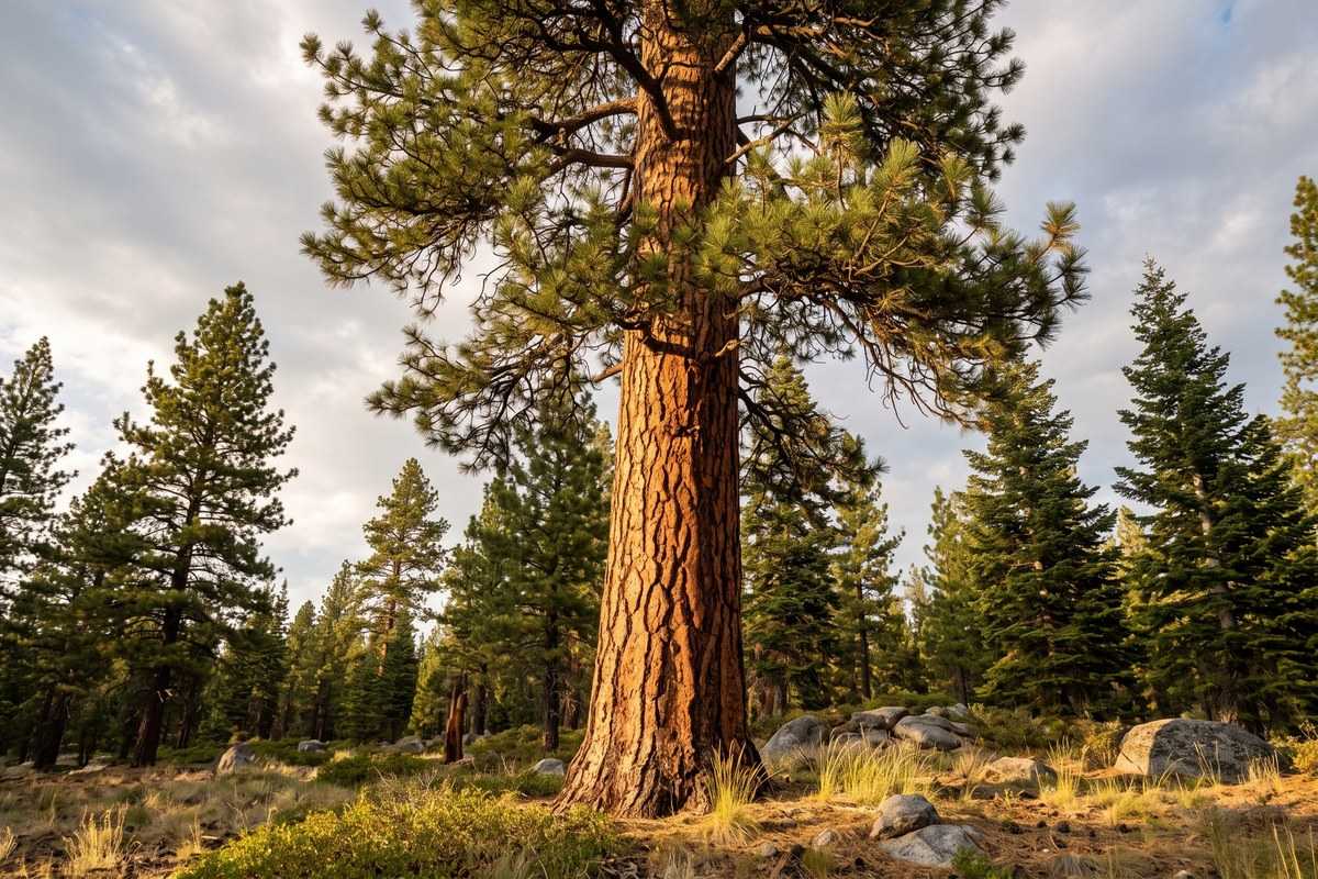 Western yellow pine tree standing in a sunlit forest with rocks and surrounding evergreens