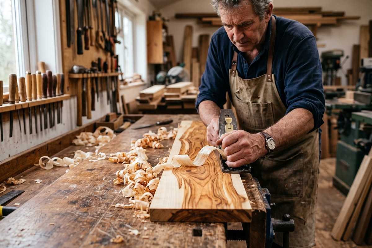 Yew woodworking craftsman hand-planing a live-edge wood slab in a tool-filled workshop