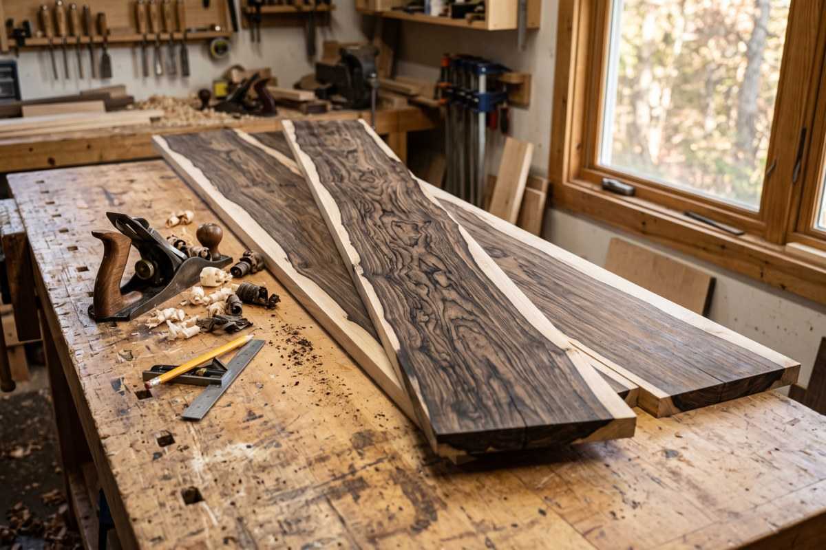Ziricote wood slabs with dramatic grain on a workbench in a sunlit woodworking shop