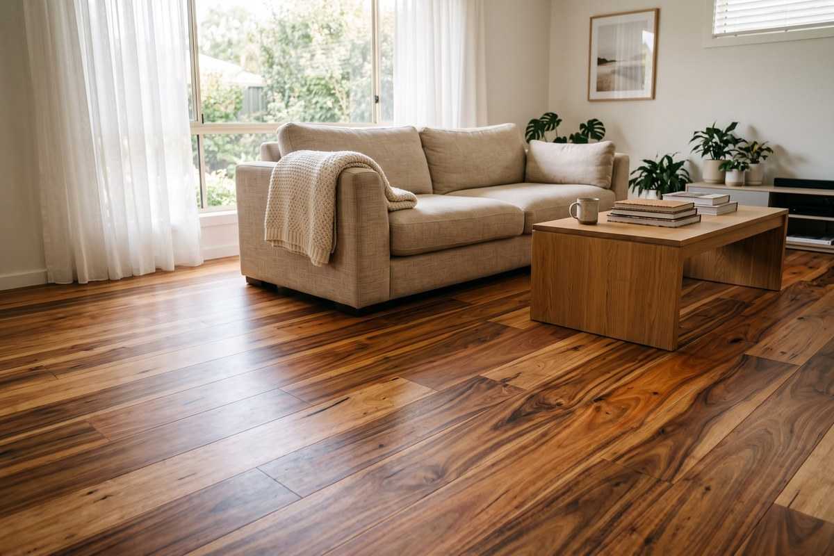 Acacia wood flooring in a bright living room with a beige sofa and wooden coffee table