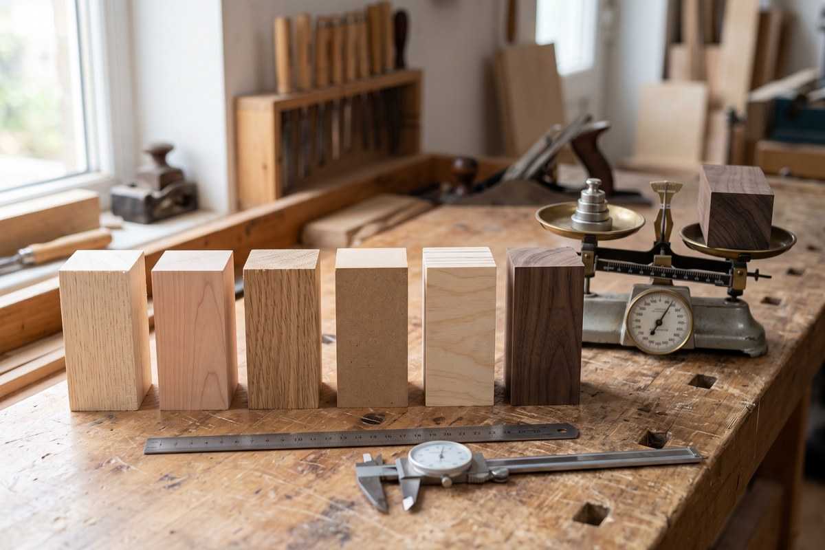 Catalpa wood sample blocks on a woodworking bench with calipers, ruler and balance scale