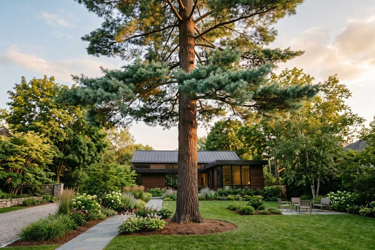 Eastern white pine tree in a landscaped garden before a modern home at sunset