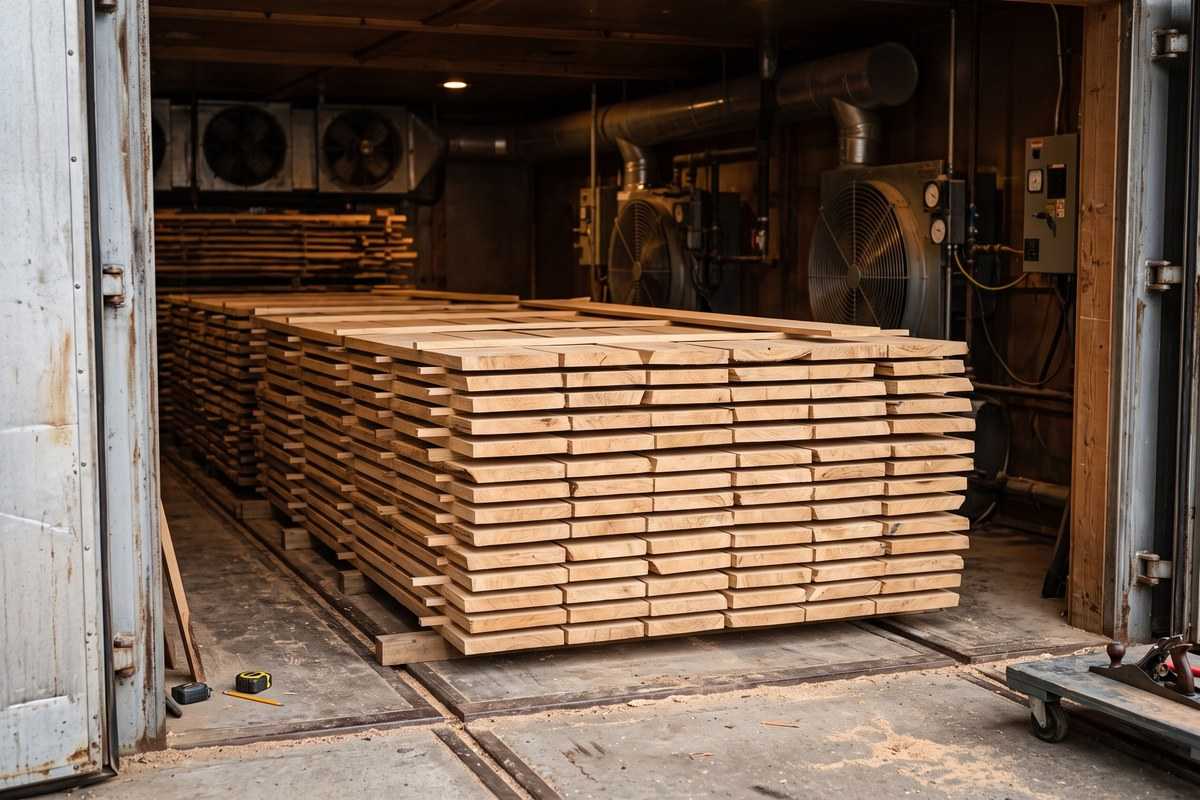 Stacks of kiln dried wood boards inside an industrial lumber drying kiln with large fans
