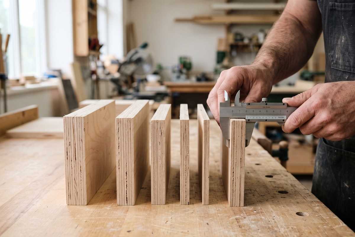Woodworker measuring plywood boards with calipers on a workshop bench