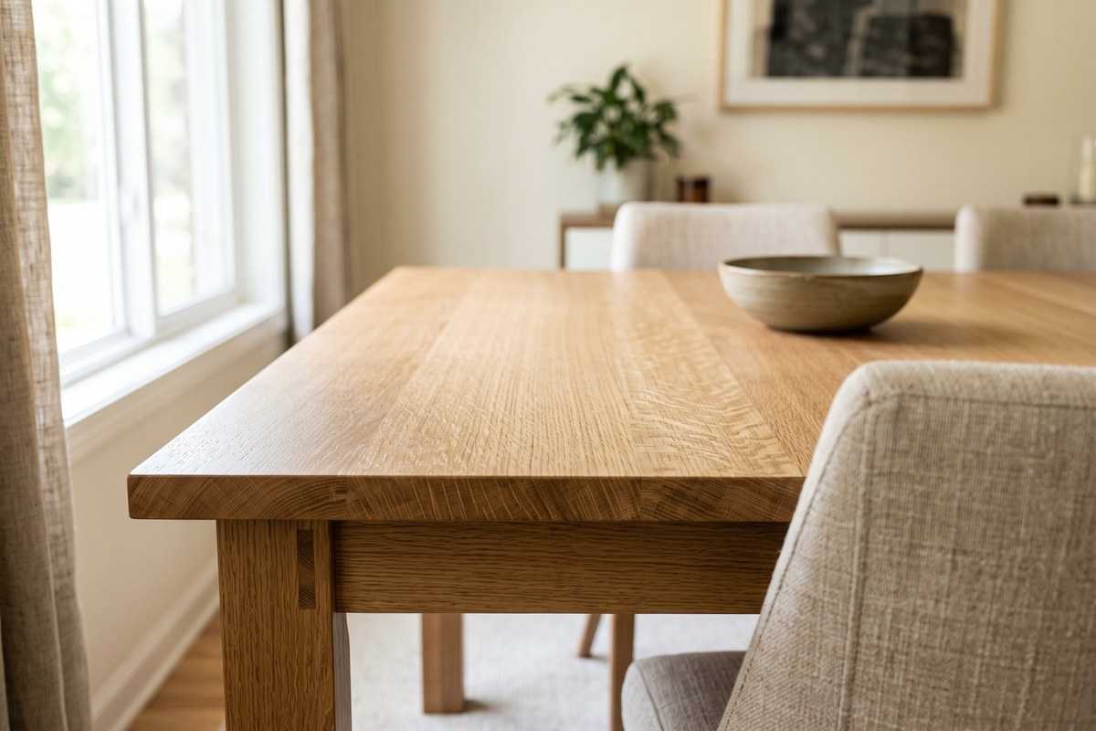 Lacewood dining table in a bright, minimalist dining room with upholstered chairs and ceramic bowl