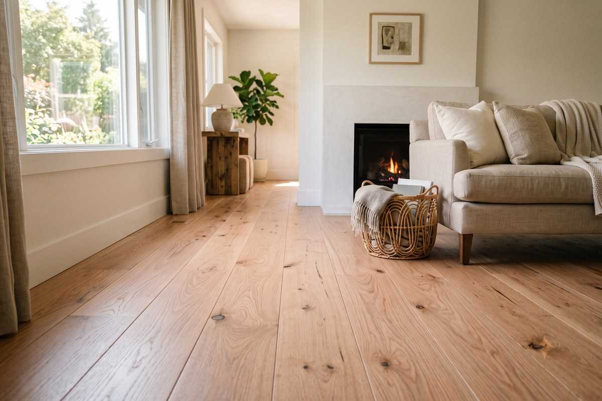 Sunlit living room with natural tulip wood flooring, beige sofa, fireplace and woven basket
